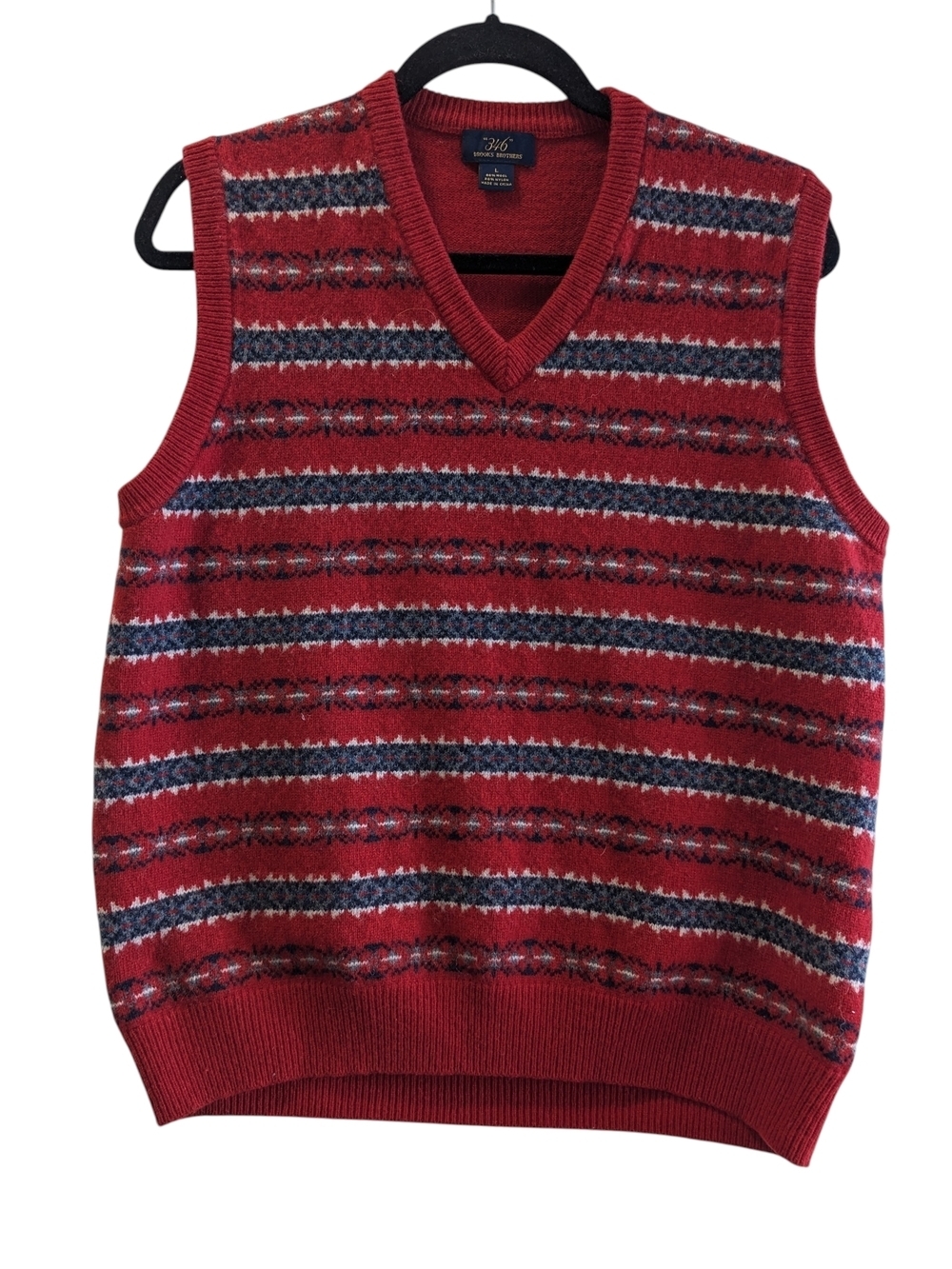 Brooks Brothers Red Patterned V-Neck Sweater Vest Fair Isle Wool Blend Size L
